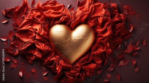 The golden heart lies on a beautiful red fabric with folds. Valentine's Day background