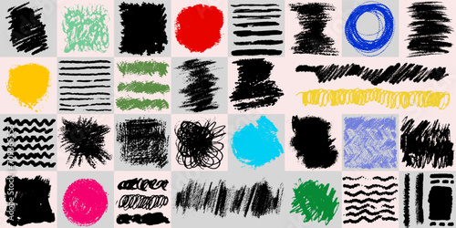 Big set charcoal colored pencil curly lines, squiggles, shapes. Realistic grunge pen scribbles. Vector pencil lines, doodles. Bright colorful charcoal or chalk drawing. Hand drawn rough crayon strokes photo