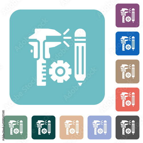 vernier caliper, cogwheel and pencil rounded square flat icons
