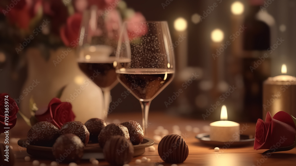 valentine day celebration with wine, roses, chocolate, and bokeh background