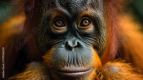 Close up portrait of an orangutan, Pongo pygmaeus photo