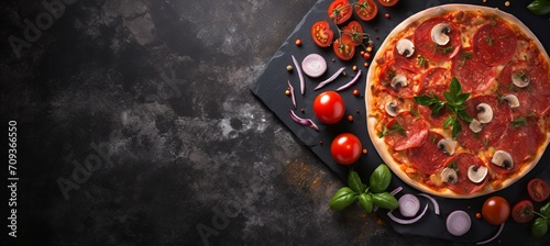 Delicious pizza on black stone with top view, ingredients, and space for text on the left side