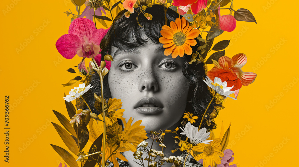 Abstract collage featuring a black-and-white portrait of a girl cut out from a magazine surrounded by vibrant flowers. Yellow background.