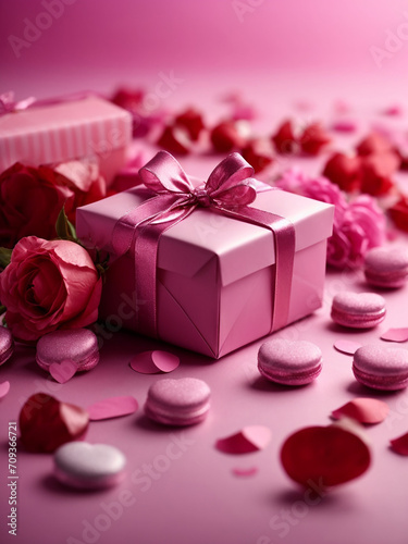 Valentines design. Gift Box With Pink Roses, Charming and Romantic Floral Arrangement