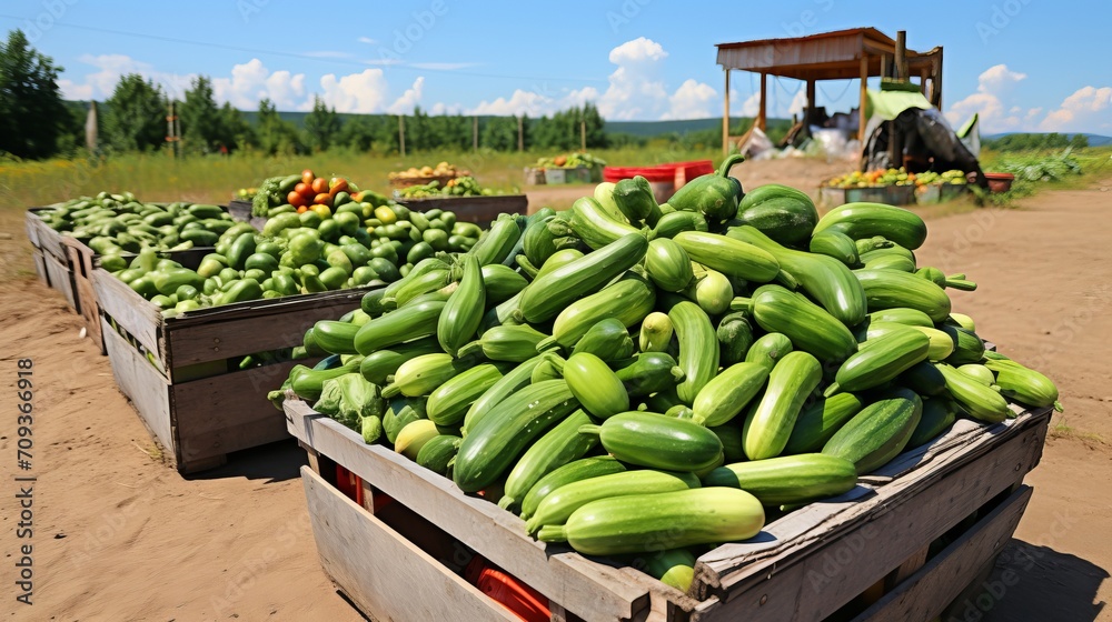 Fototapeta premium Abundant and lush cucumber harvest growing on a vast open plantation under the radiant summer sky.
