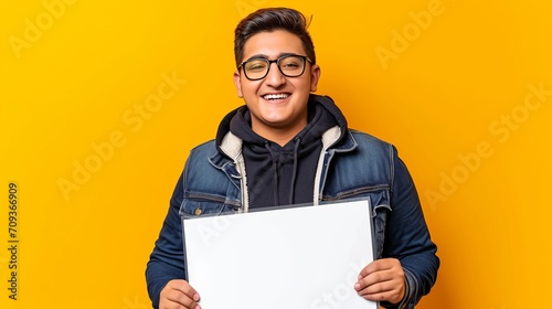 Handsome indian man holding blank white placard for text and ads on pastel orange background