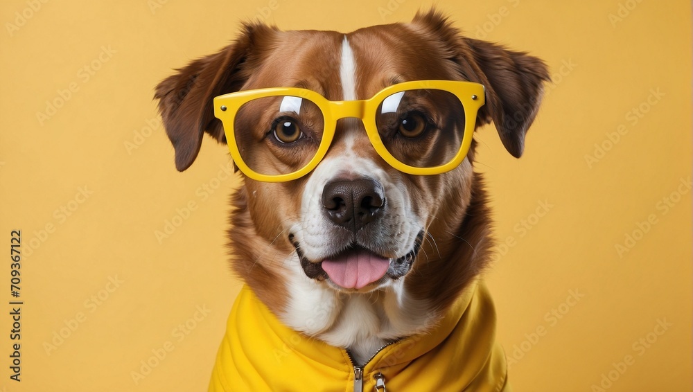 Golden dog posing with glasses against a completely yellow background
