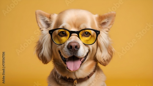Golden dog posing with glasses against a completely yellow background