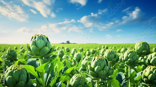 Bountiful artichoke harvest with healthy plants growing on an open plantation under the summer sun. photo