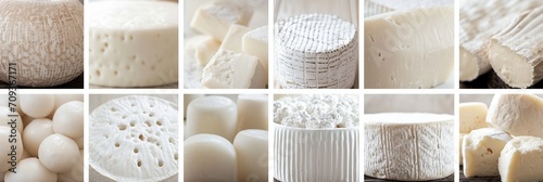 Assorted cheese products divided with white vertical lines   bright white style collage photo