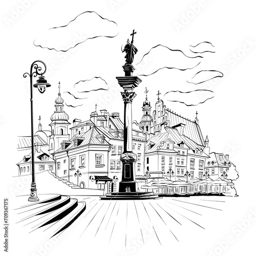 Vector black and white sketch of Castle Square in Warsaw Old town, Poland.