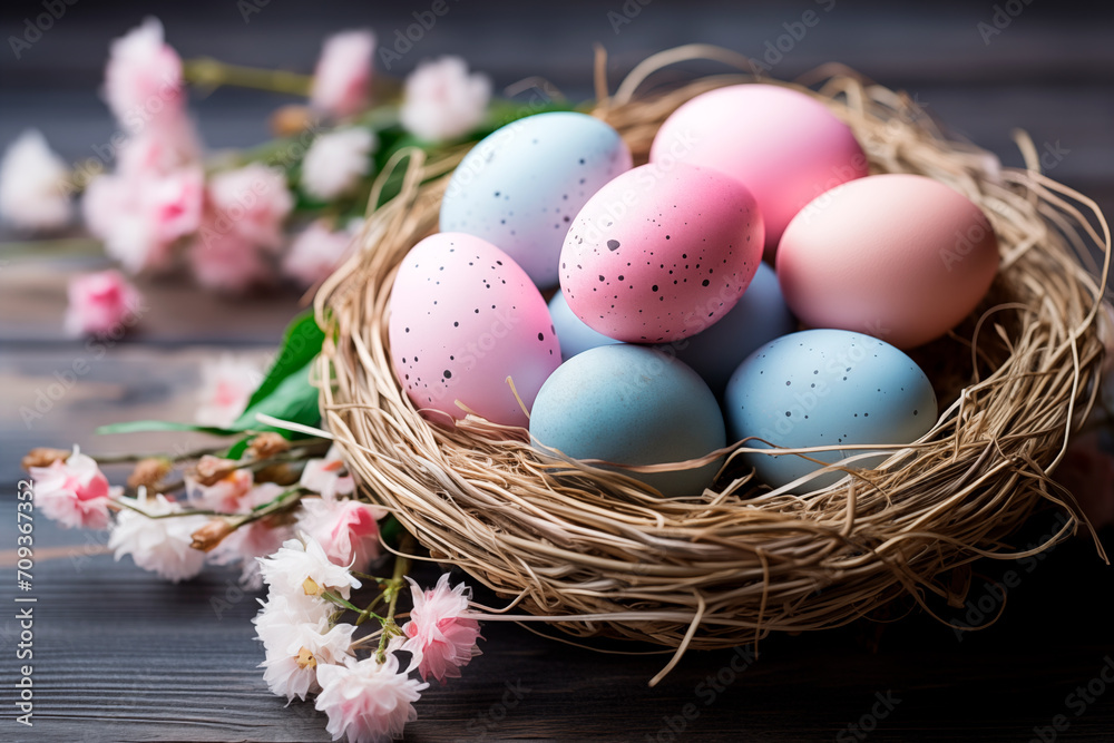 Basket with colorful pastel easter eggs Basket with colorful pastel easter eggs