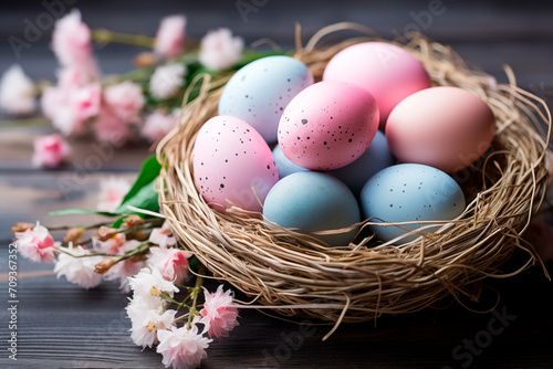 Basket with colorful pastel  easter eggs