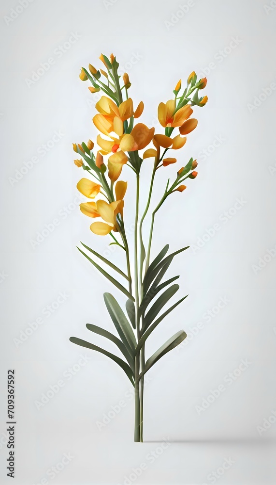 bouquet of tall stalk of freesia flower on white background, with a lot of copy space. HD, hyper ealistic, lifelike, minimalism, simple, No text , No watermark, 32K