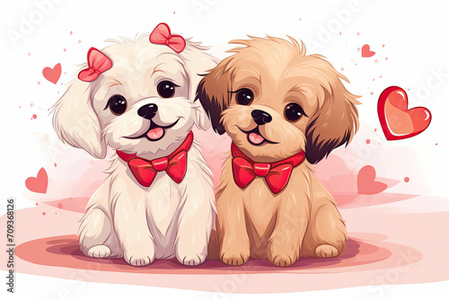 Two cute puppies with red bows and hearts.For greeting card or web design elements Valentine's Day themed graphics. National Pet Day