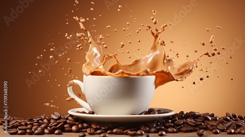 Iced coffee in white cup with splashes, flying beans, beige background for text placement