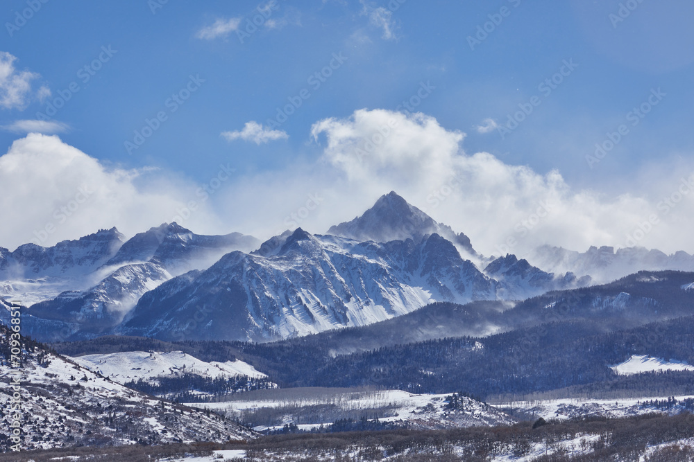 Fototapeta premium Colorado, Dallas Divide, Mt. Snuffles with blowing snow on a winter day