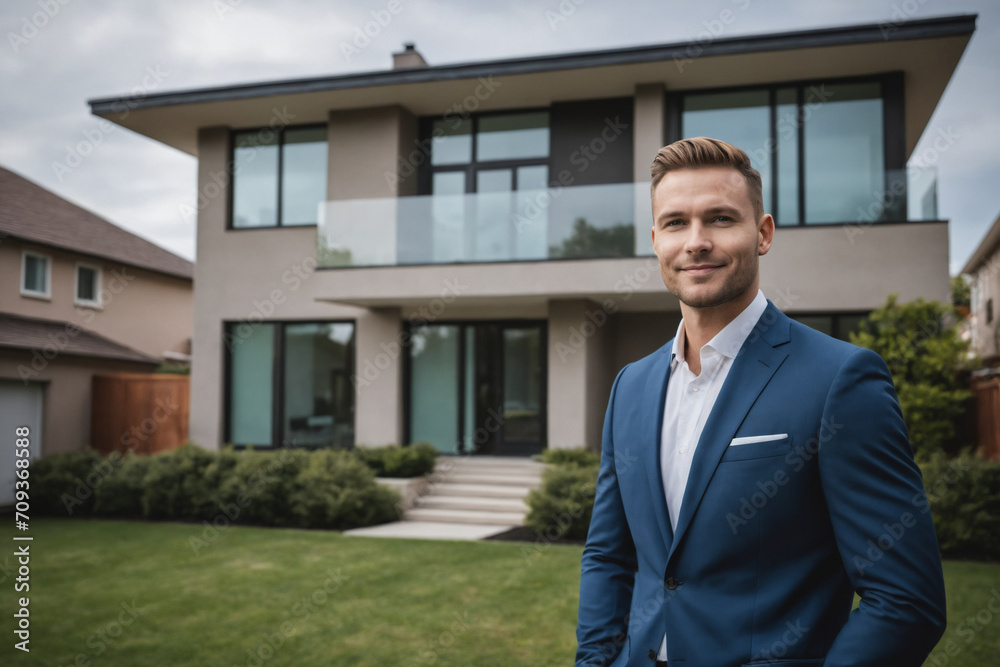 Male Realtor with House and Copy Space, Selling Real Estate Property or Home for Sale Male Realtor with House and Copy Space, Selling Real Estate Property or Home for Sale