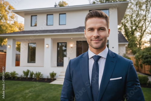 Male Realtor with House and Copy Space, Selling Real Estate Property or Home for Sale