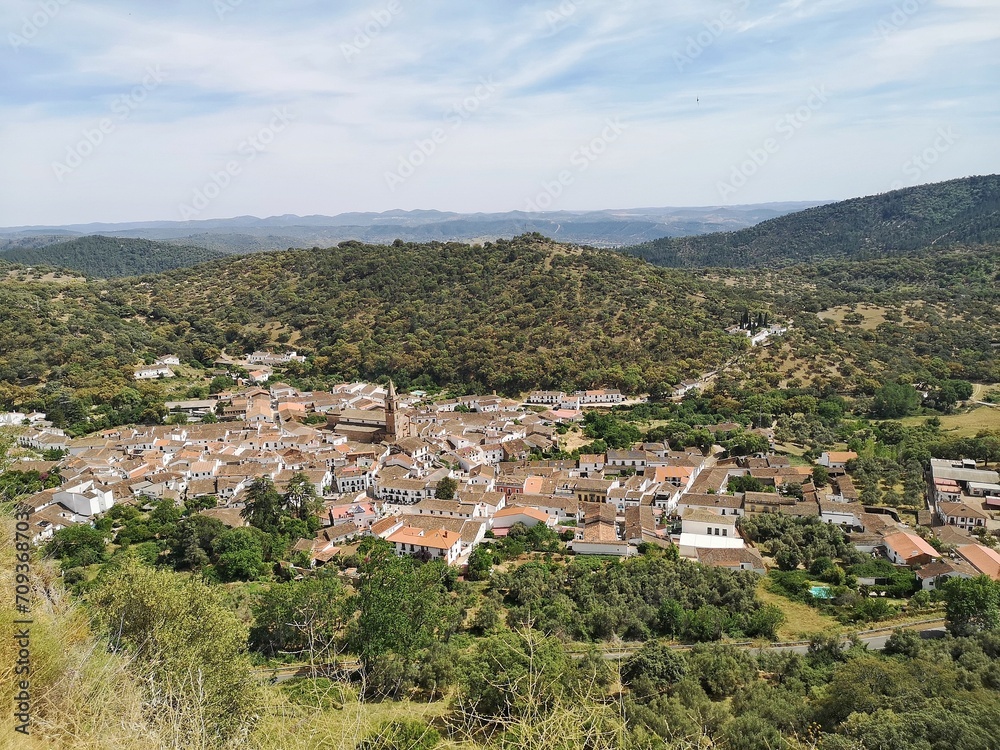 Panoramic view of Linares de la Sierra in the province of Huelva