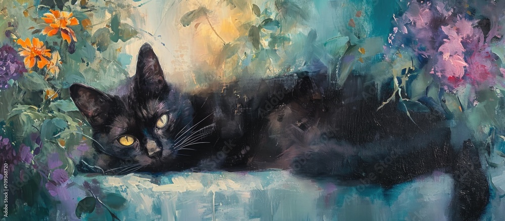 Obraz na płótnie Feline in garden, black cat. w salonie