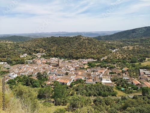 Panoramic view of Linares de la Sierra in the province of Huelva