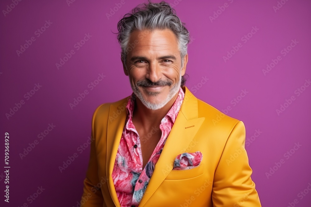 Portrait of a handsome mature man in yellow jacket and pink scarf