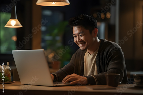 Handsome Asian man working with laptop, asian man in suit working on laptop, work from home, remote work