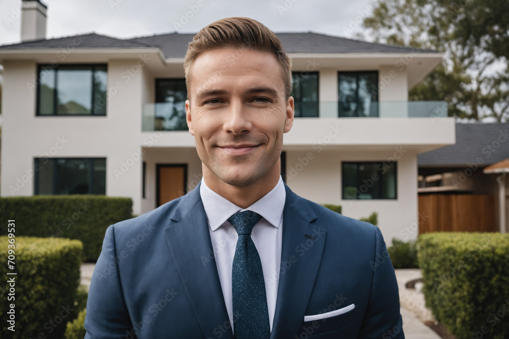 Happy real estate agent standing in front of new home. Happy real estate agent standing in front of new home.