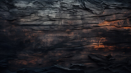 Burnt wood texture background, charred black timber close-up. Abstract pattern of dark burned scorched woodgrain. Concept of charcoal, coal, grill, embers, wallpaper, tree, firewood