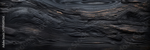 Burnt wood texture background, wide banner of charred black timber. Abstract pattern of dark burned scorched woodgrain. Concept of charcoal, coal, grill, embers, wallpaper, tree, firewood photo