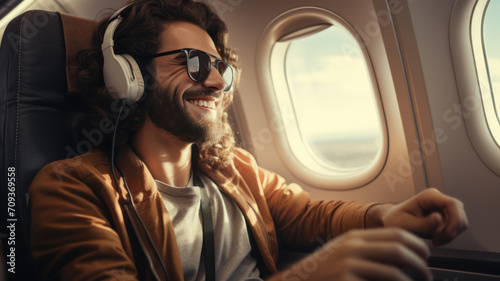 Smiling young man in sunglasses listens to music sitting in plane, happy guy uses headphones inside flying airplane. Concept of travel, flight, playlist, technology, passenger, trip © scaliger
