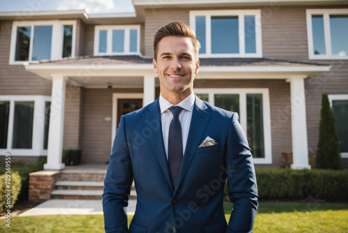 Portrait of a successful real estate agent standing with a satisfied expression in front of home for sale.