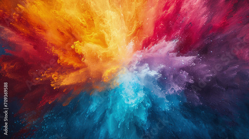 Explosion of color paint, burst of multicolored powder or watercolor, abstract colorful background. Pattern of bright festive splash like in Holi festival. Concept of spectrum, explode