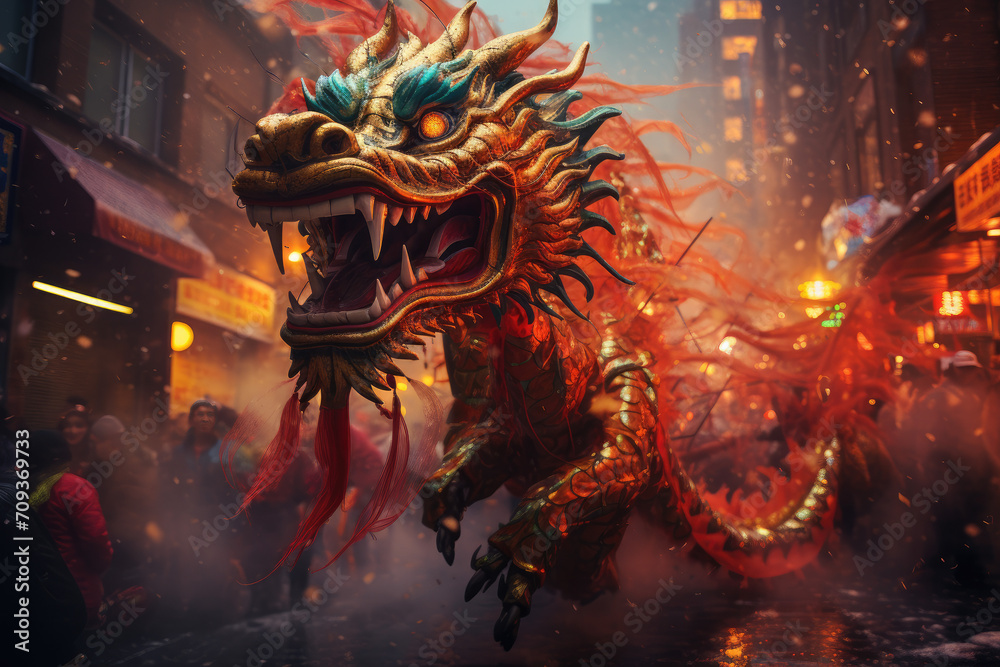 Chinese dragon as a character for the dragon dance at the Chinese New Year festival. Chinese dragon as a character for the dragon dance at the Chinese New Year festival.