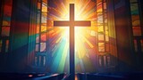 stained glass window with Christian cross, religious symbol. prayer in church. faith and hope. multi-colored sun rays.