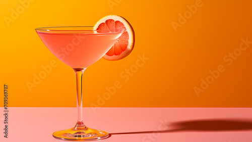 A cosmopolitan with a twist of orange peel and a cocktail glass on a pink background, alcoholic drink photo