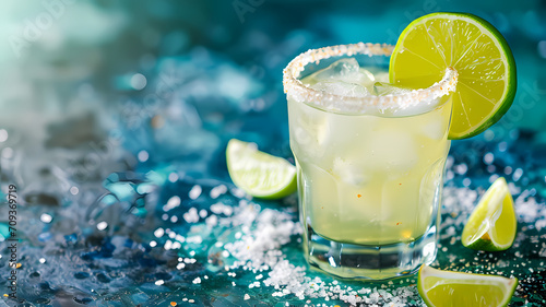A margarita with salt rim and a slice of lime on a blue background, alcoholic drink photo