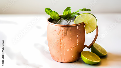 A moscow mule with a mint sprig and a lime wedge in a copper mug on a white background, alcoholic drink photo