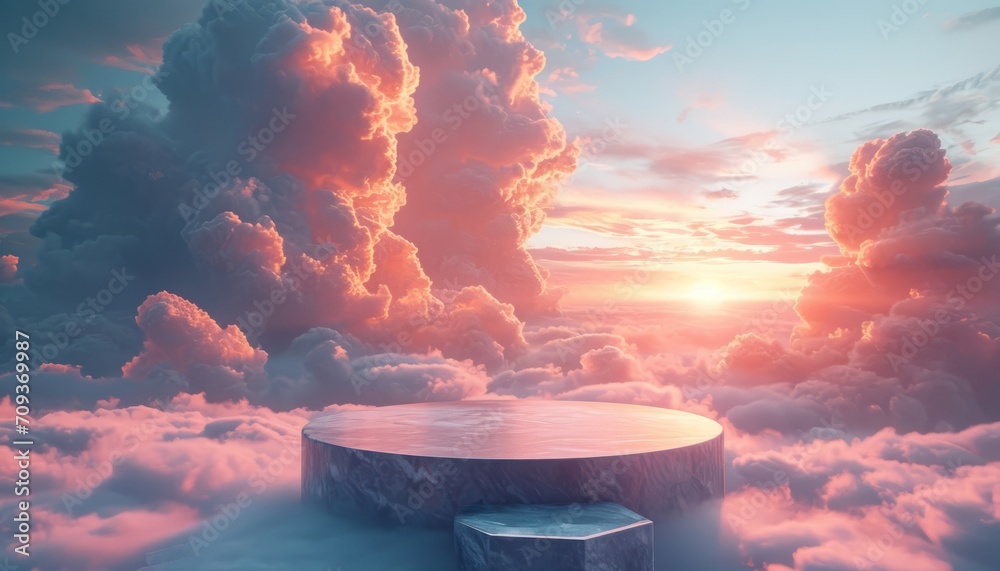 3D render of a round podium against a background of clouds at sunset 3D render of a round podium against a background of clouds at sunset