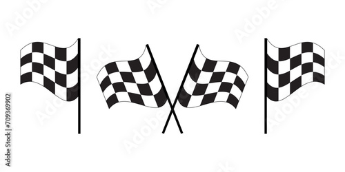 Set of waving race flags icons. Start and finish rally flags with checkered black and white squares pattern. Motocross, car competition, auto marathon, sport victory sybmols