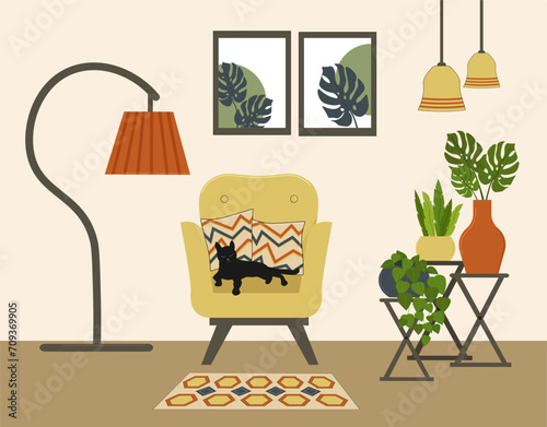 Interior of a room, living room. An armchair with pillows and a cat, a rug, stands with flowers in pots, paintings and a floor lamp. Furniture items. Vector flat linear illustration. For promotional