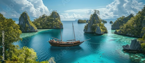 A ship tied to limestone islands in a lagoon near Misool, Raja Ampat, Indonesia, is in the heart of the Coral Triangle. photo