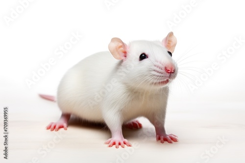 A white rat sitting on top of a wooden floor. Laboratory animal, testing model for research.