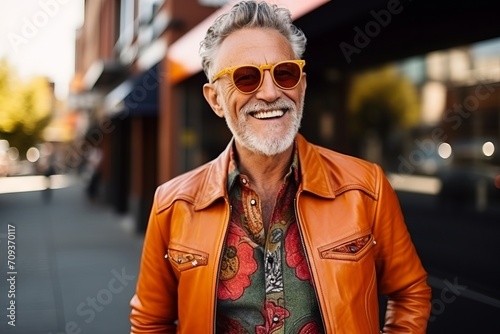 Portrait of a happy senior man in orange leather jacket and sunglasses