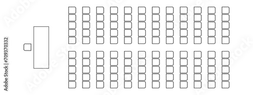 Layout of seats in meeting, conference, auditorium, training, seminar. Schematic graphic desk and armchairs icons, furniture symbols. Architectural seating plan top view