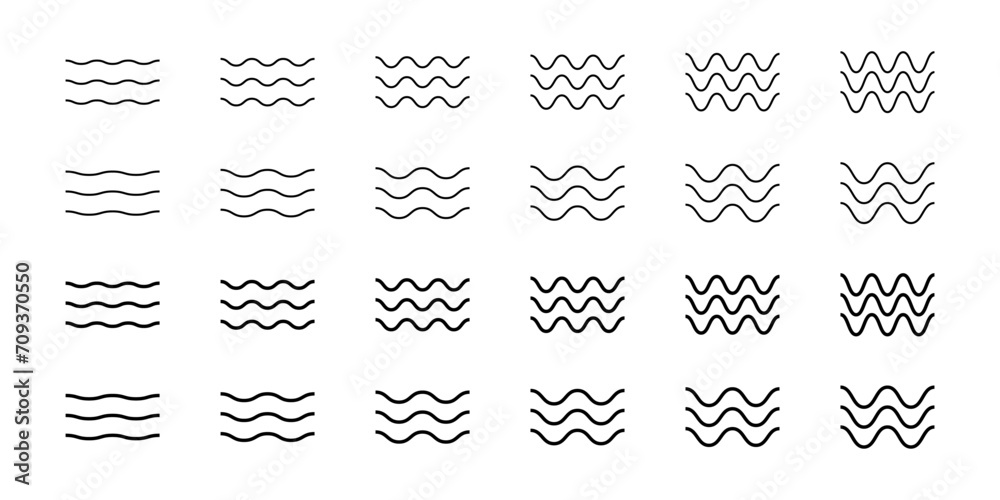 Fototapeta premium Set of wave icons. Ocean, sea, river, lake, water symbols. Air, wind, flow, stream pictograms. Undulate parallel horizontal black lines signs isolated on white background. Vector outline illustration