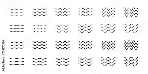 Set of wave icons. Ocean, sea, river, lake, water symbols. Air, wind, flow, stream pictograms. Undulate parallel horizontal black lines signs isolated on white background. Vector outline illustration photo