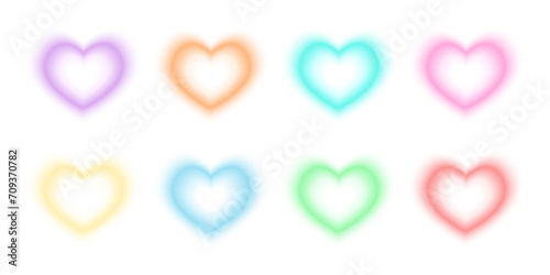 Heart shapes in holographic blurry style. Trendy y2k stickers for Valentine day with gradient aura effect in different pastel colors isolated on white background. Vector illustration