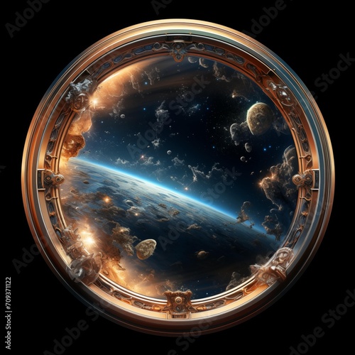 Porthole, space observation, cosmic voyage, distant galaxies